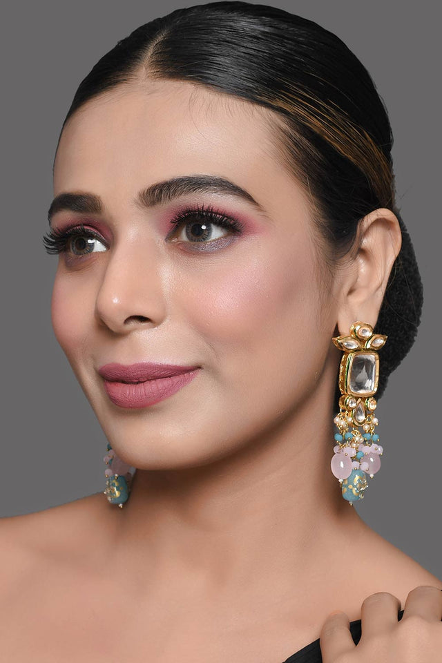 Pastel Blue & Pink Beaded Handcrafted Kundan Earrings (FEMDW007)