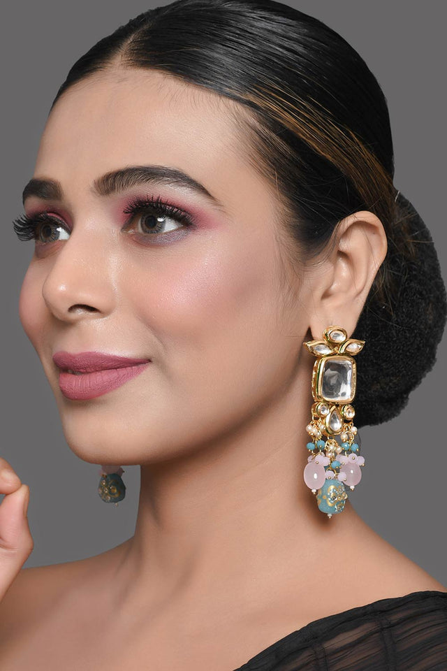 Pastel Blue & Pink Beaded Handcrafted Kundan Earrings (FEMDW007)