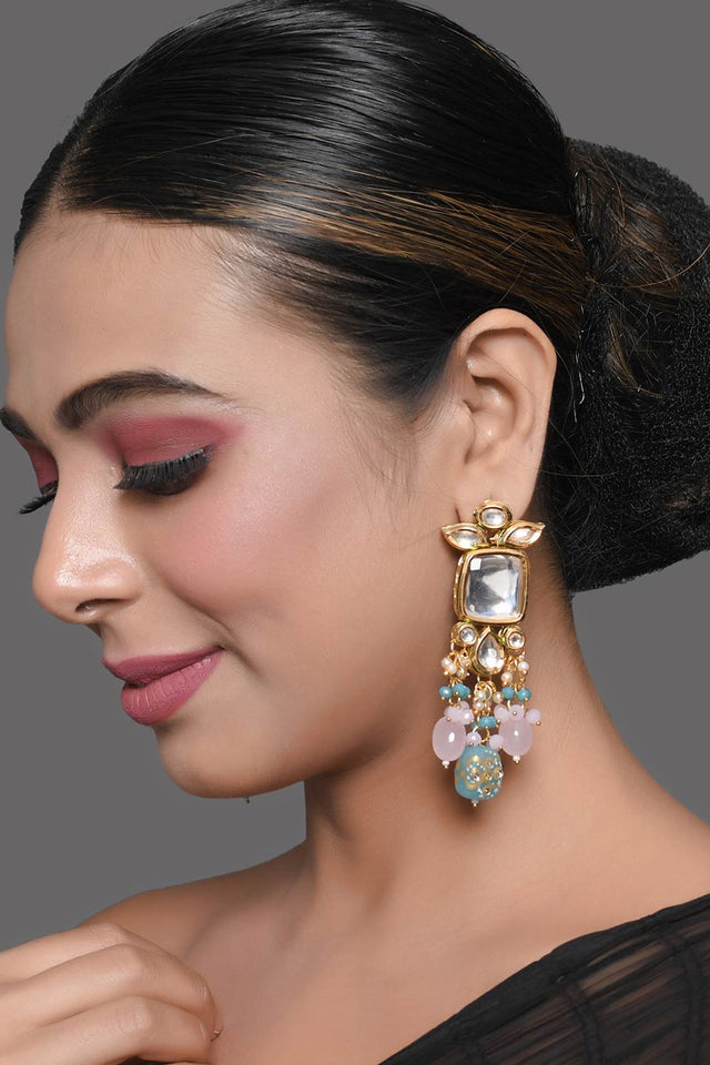 Pastel Blue & Pink Beaded Handcrafted Kundan Earrings (FEMDW007)