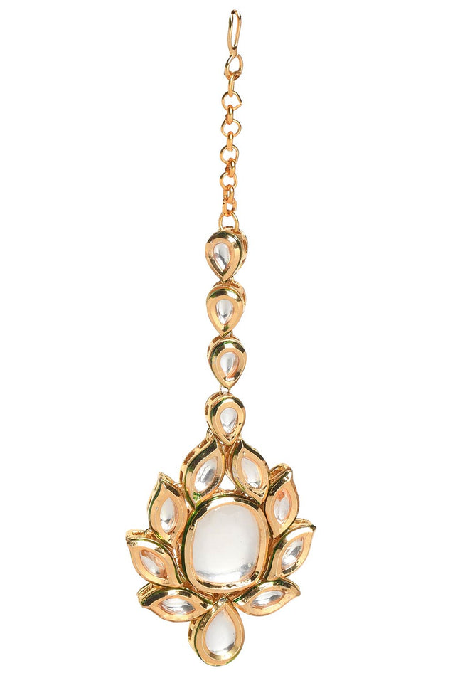 Gold Tone Kundan Earrings With Maangtikka