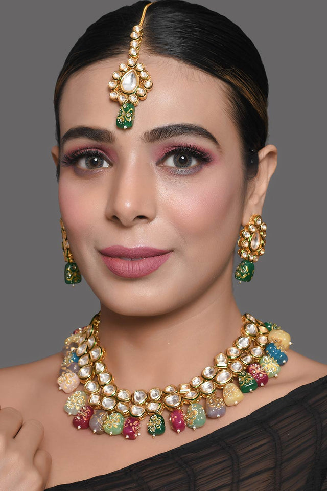 Multicolored Beaded Kundan Necklace With Earrings & Mang Tikka (FEMDW019)