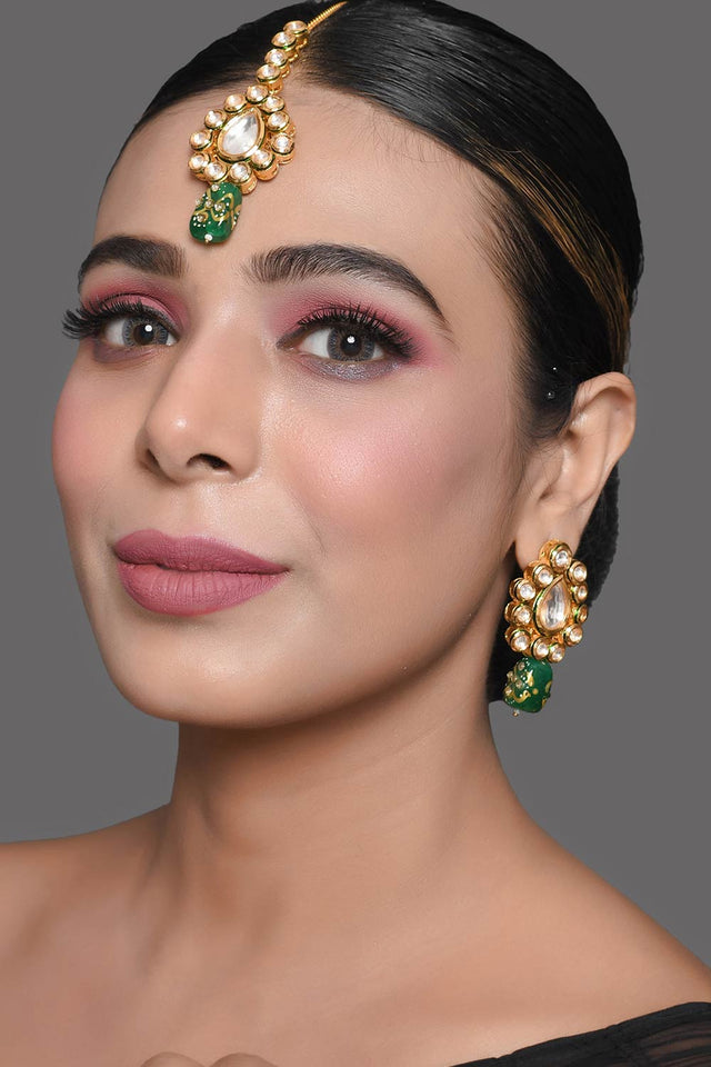 Gold Toned Green Beaded Kundan Earring & Mang Tikka Set