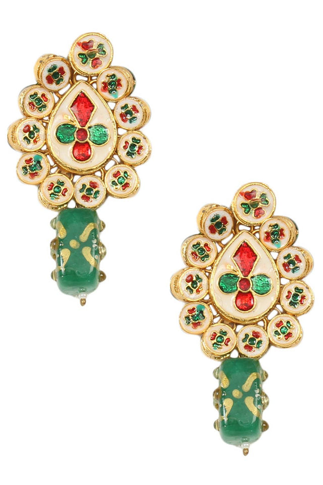 Gold Toned Green Beaded Kundan Earring & Mang Tikka Set