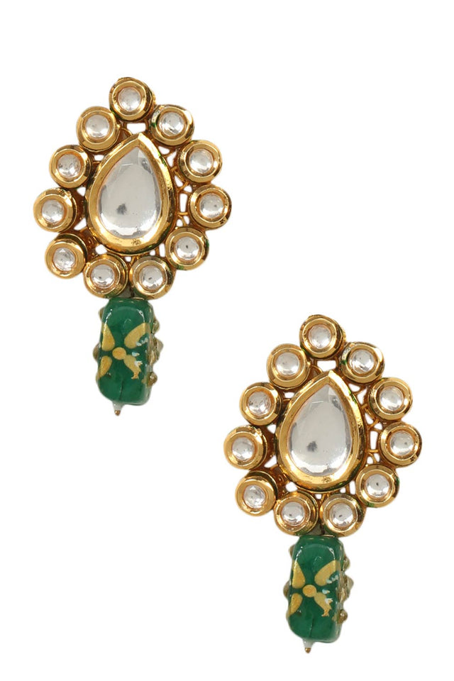 Gold Toned Green Beaded Kundan Earring (FEMDW021)