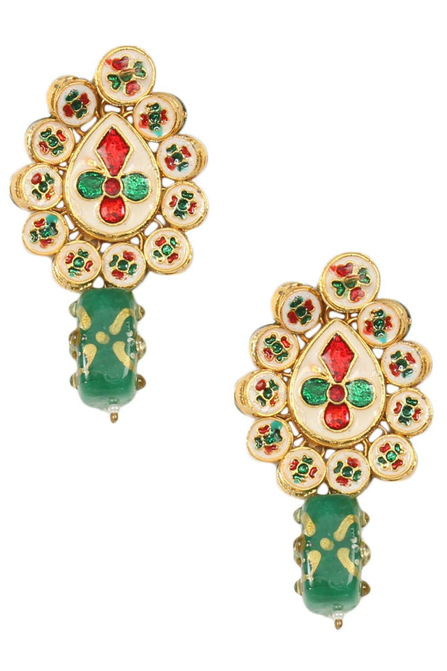 Gold Toned Green Beaded Kundan Earring (FEMDW021)