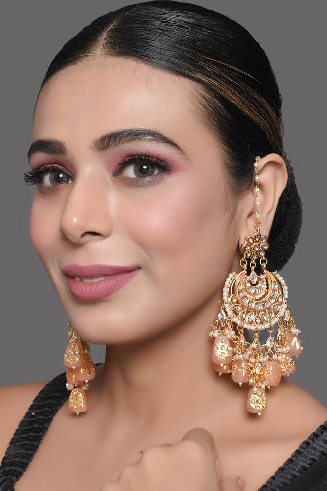 Peach Gold Tone Kundan Inspired Chandbali Earrings (FEMDW023)