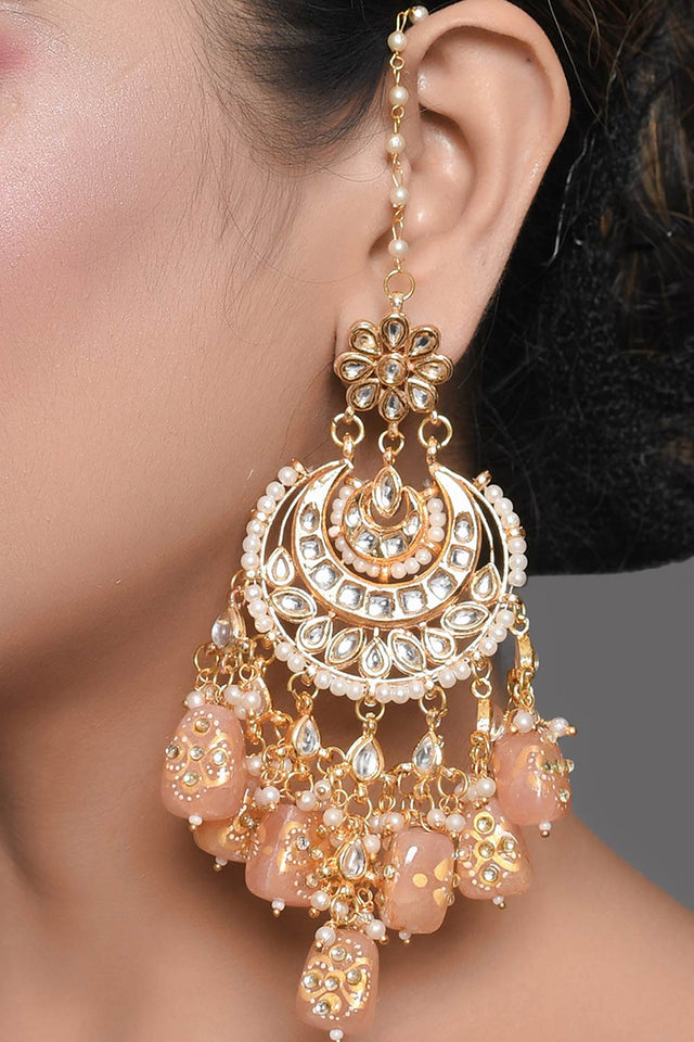 Peach Gold Tone Kundan Inspired Chandbali Earrings (FEMDW023)