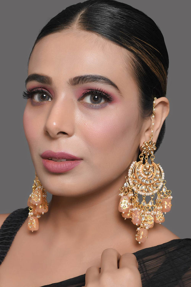 Peach Gold Tone Kundan Inspired Chandbali Earrings (FEMDW023)