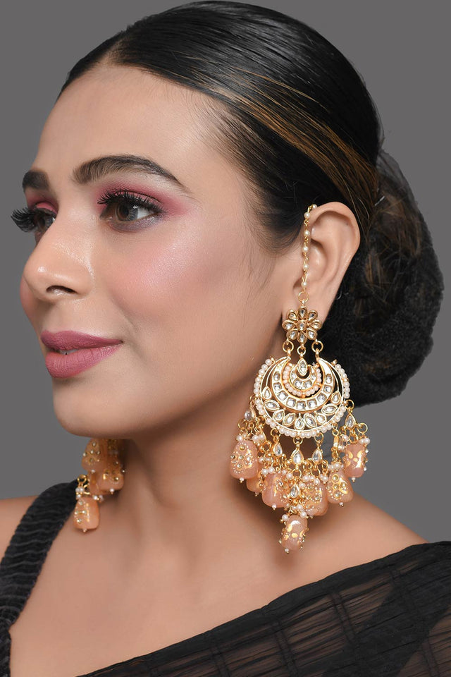 Peach Gold Tone Kundan Inspired Chandbali Earrings (FEMDW023)