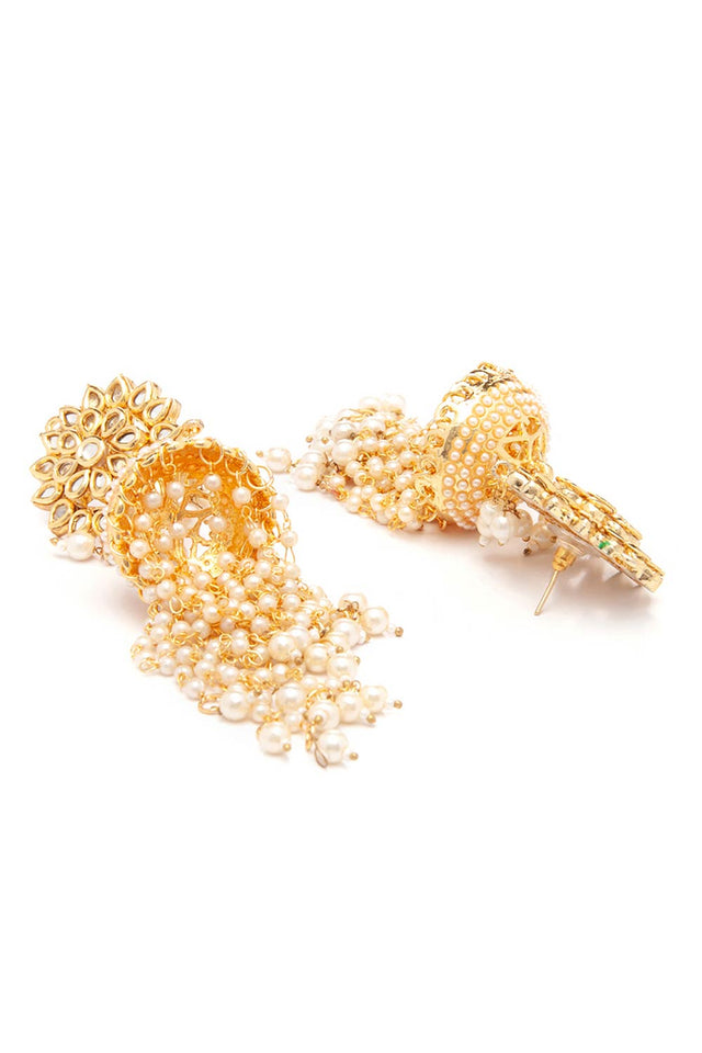 Kundan Floral Gold-Toned & White Classic Drop Earrings (FEMERS040)
