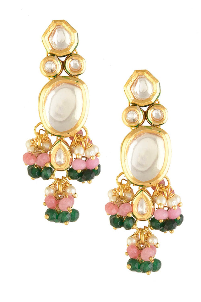 Pink Green Gold Tone Kundan Earrings (FEMERS060)