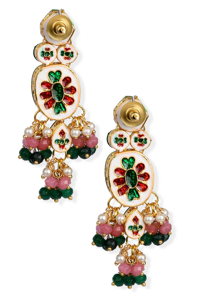 Pink Green Gold Tone Kundan Earrings (FEMERS060)