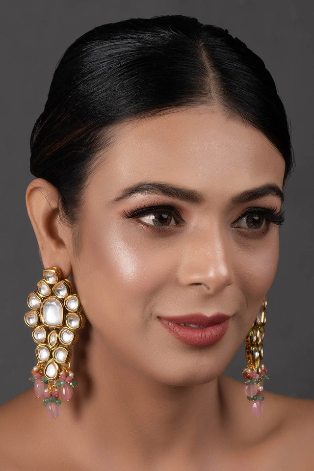 Handcrafted Pink Green Gold Tone Kundan Earrings (FEMERS062)
