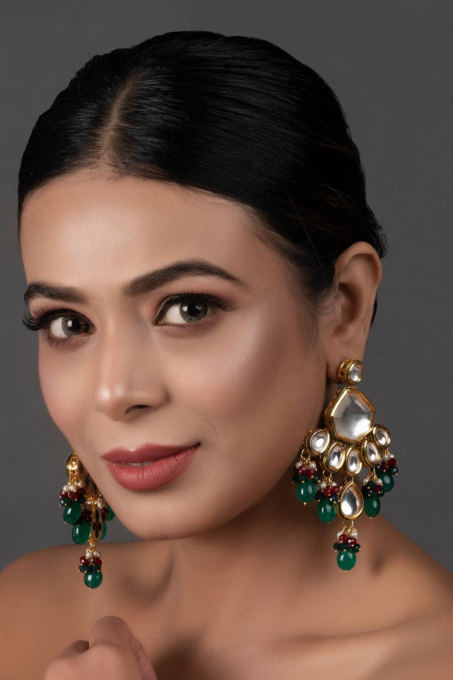 Handcrafted Emerald Ruby Gold Tone Kundan Earrings (FEMERS063)