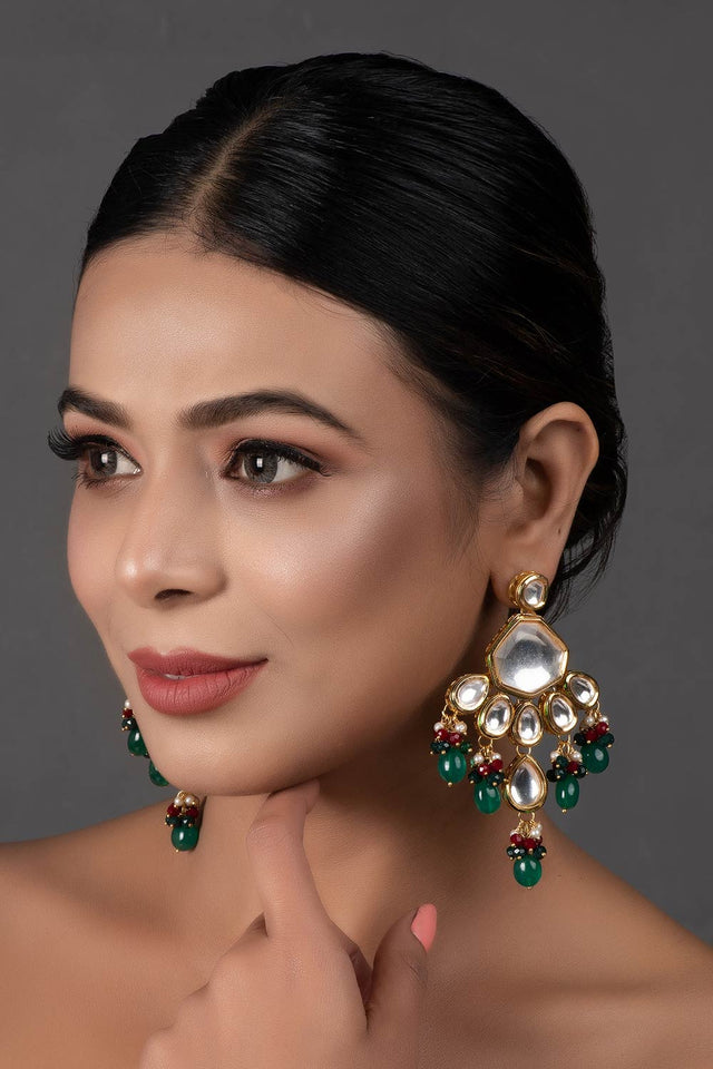 Handcrafted Emerald Ruby Gold Tone Kundan Earrings (FEMERS063)