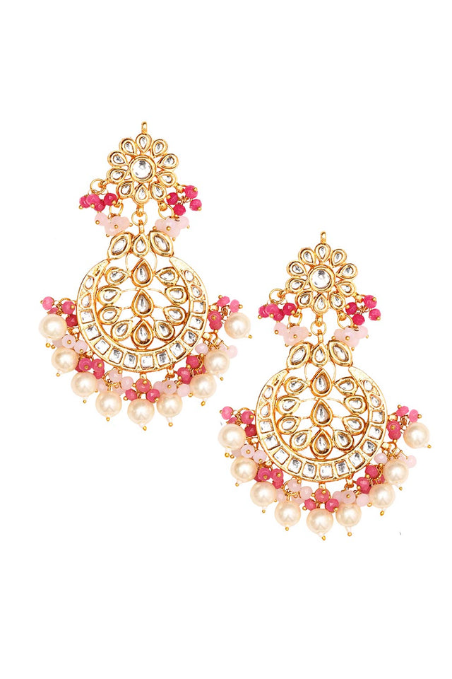 Pearl & Pink Beaded Gold Toned Kundan Earrings (FEMERS067)