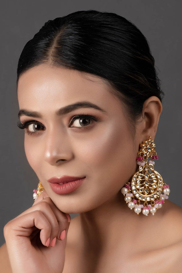 Pearl & Pink Beaded Gold Toned Kundan Earrings (FEMERS067)