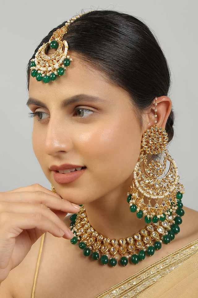 Kundan Inspired Emerald Beaded Necklace With Earrings And Maang Tikka Set (FEMKD007)