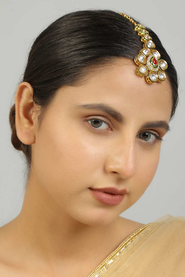 Red Gold Tone Kundan Maang Tikka (FEMKD027)