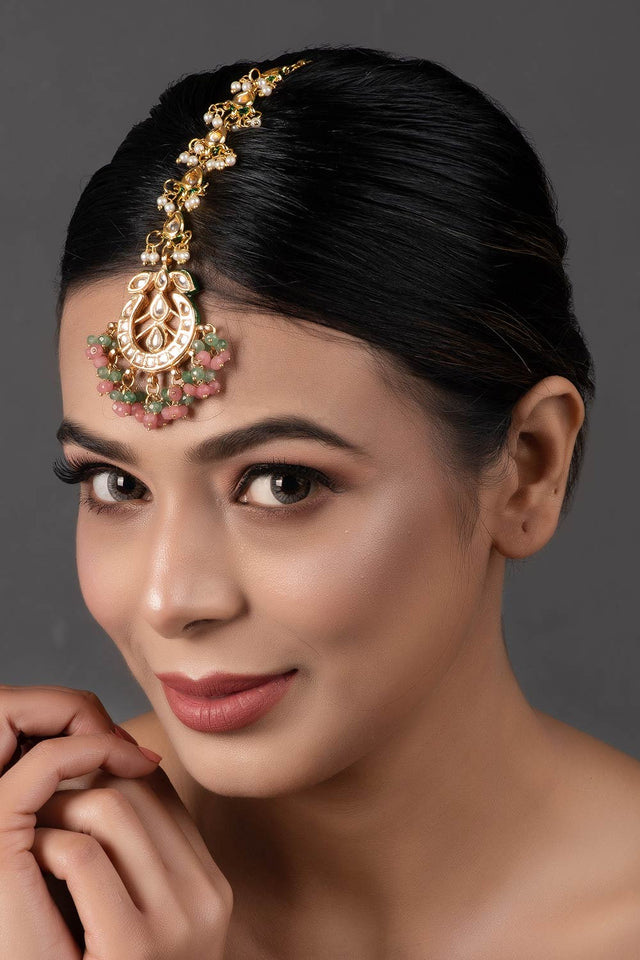 Pink Green Gold Toned Kundan Mang Tikka