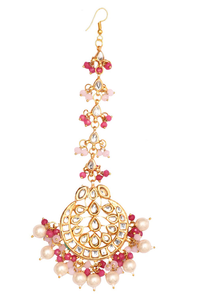 Pearl & Pink Beaded Gold Tone Kundan Handcrafted Mang Tikka