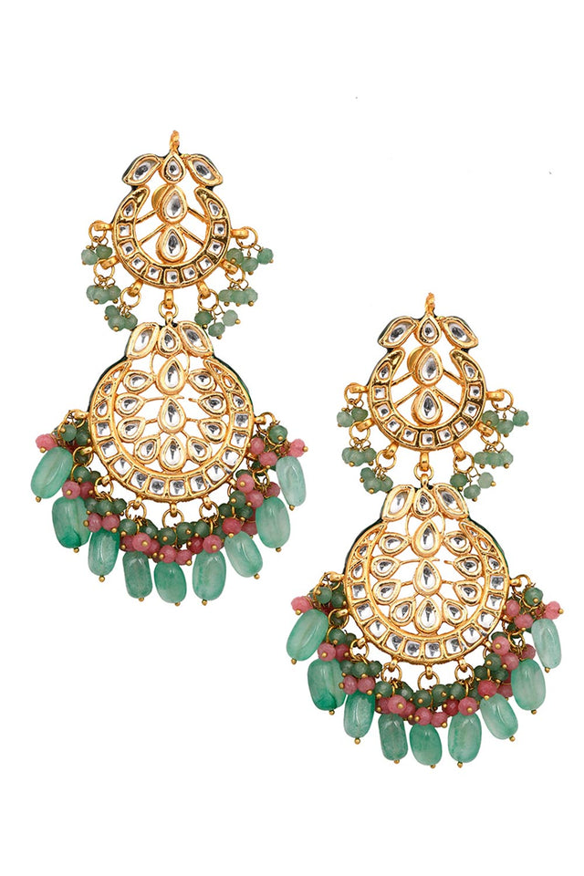 Pink Green Gold Tone Kundan Inspired Maang Tikka With Earrings (FEMMTS007)