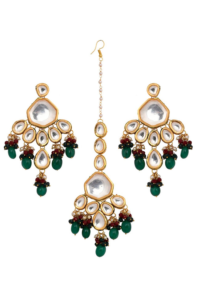 Emerald Beaded Kundan Inspired Mang Tikka With Earrings (FEMMTS008)