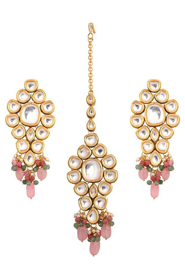 Pink Beaded Gold Tone Kundan Maang Tikka With Earrings (FEMMTS011)