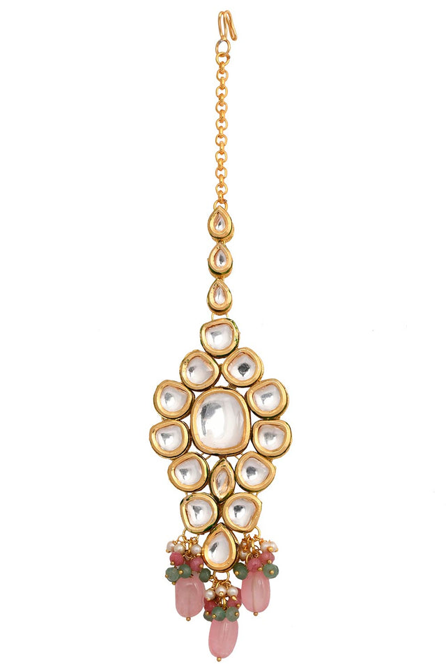 Pink Beaded Gold Tone Kundan Maang Tikka With Earrings (FEMMTS011)