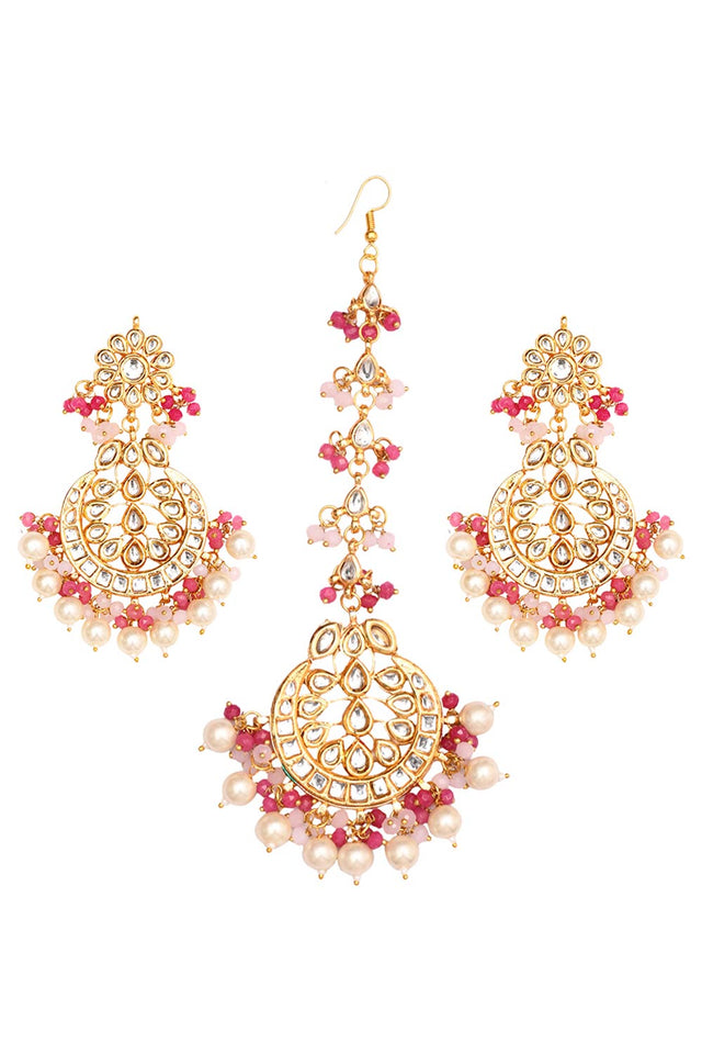 Pearl & Pink Beaded Kundan Handcrafted Mang Tikka With Earrings (FEMMTS013)