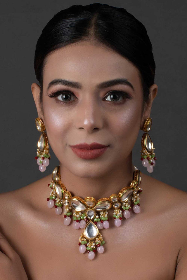 Handcrafted Kundan Pastel Beaded Necklace With Earrings (FEMNLC001)