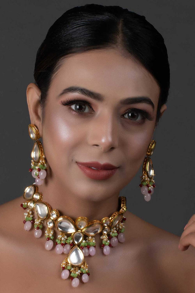 Handcrafted Kundan Pastel Beaded Necklace With Earrings (FEMNLC001)