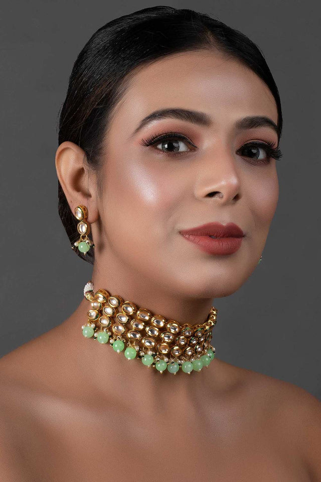 Pastel Green Gold Tone Kundan Beaded Choker Necklace With Earrings (FEMNLC004)
