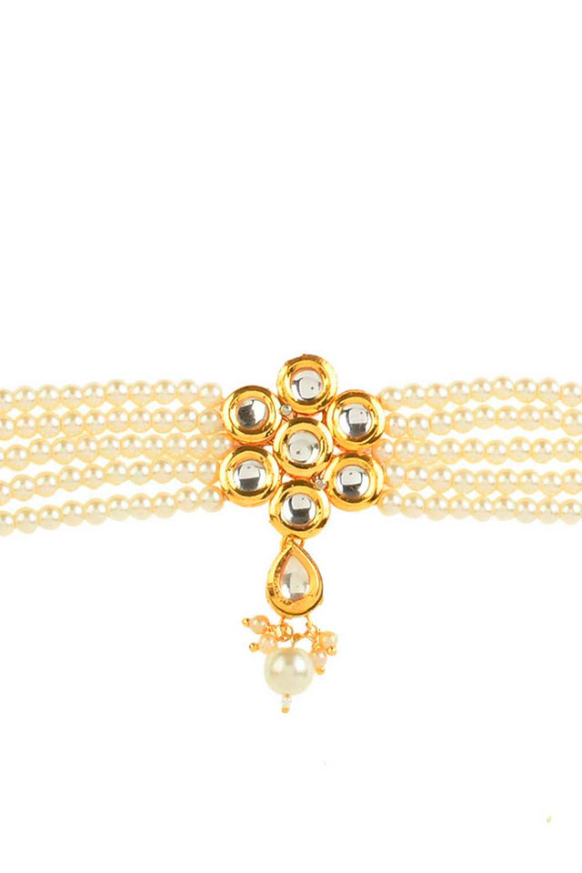 Pearl Beaded Kundan Floral Choker Necklace With Earrings (FEMNLC005)