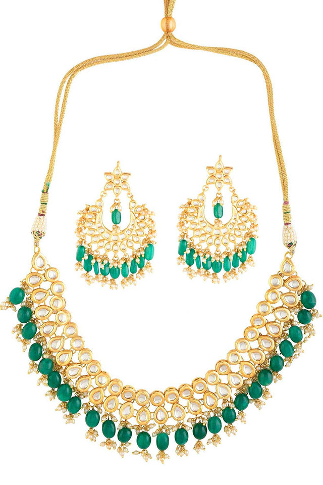 Emerald Beaded Gold Toned Kundan Embellished Necklace With Chandbali (FEMNLC007)