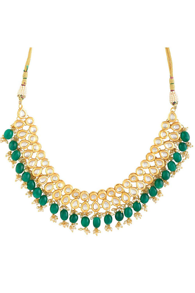 Emerald Beaded Gold Toned Kundan Embellished Necklace With Chandbali (FEMNLC007)