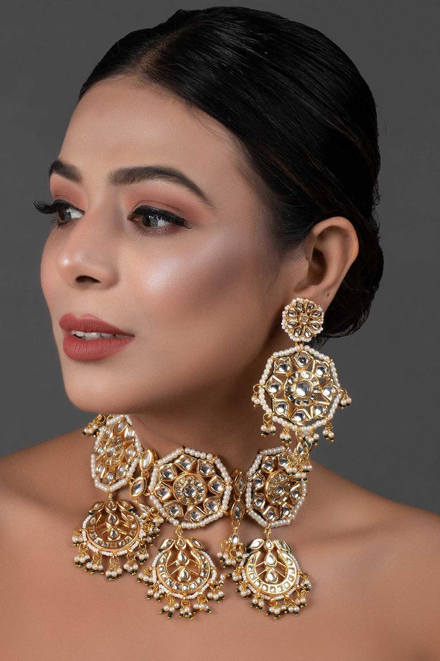 Kundan Inspired Pearl Necklace With Earrings (FEMNLC008)