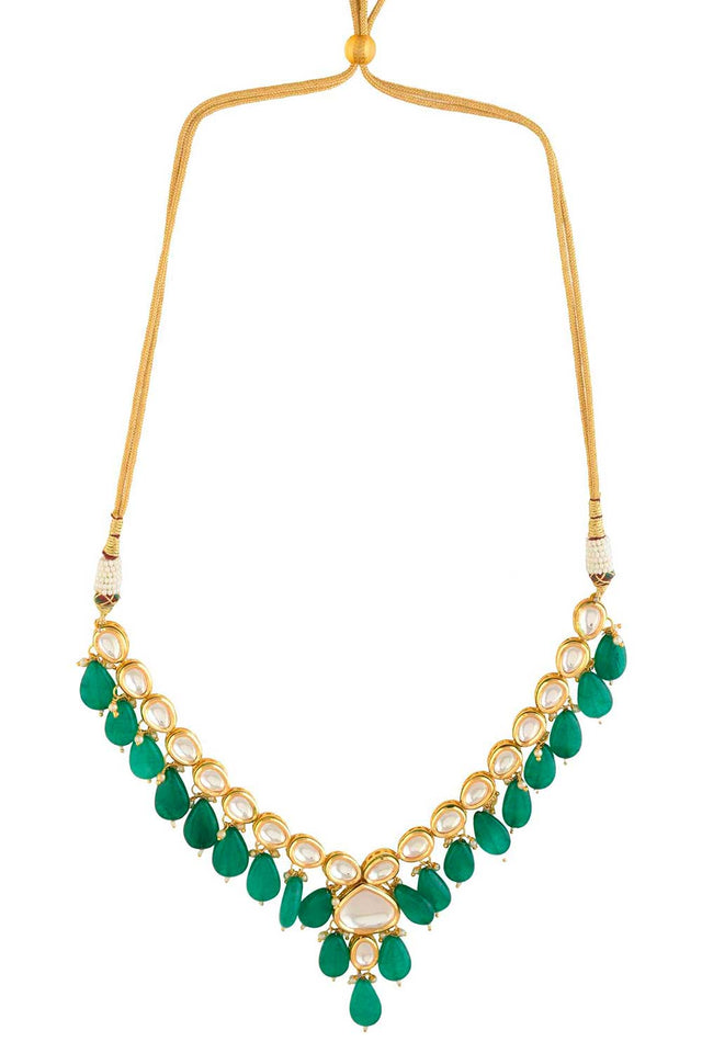 Emerald Beaded Gold Toned Kundan Inspired Necklace With Earrings (FEMNLC010)