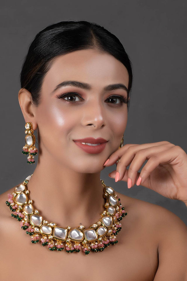 Pink Green Gold Tone Kundan Necklace With Earrings