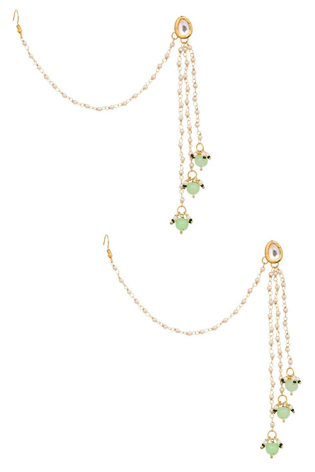 Gold Tone Kundan Inspired Pearl Tassel Earrings With Hair Chain