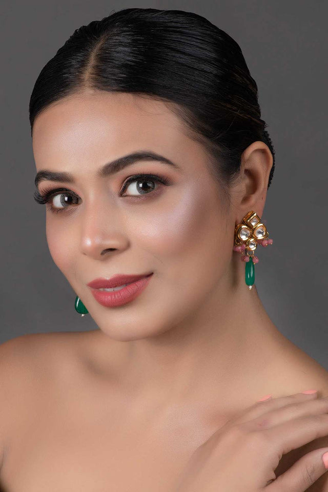 Green Pink Beaded Kundan Inspired Earrings (FEMNW008)