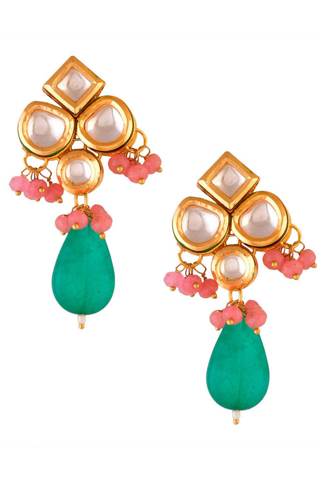 Green Pink Beaded Kundan Inspired Earrings (FEMNW008)