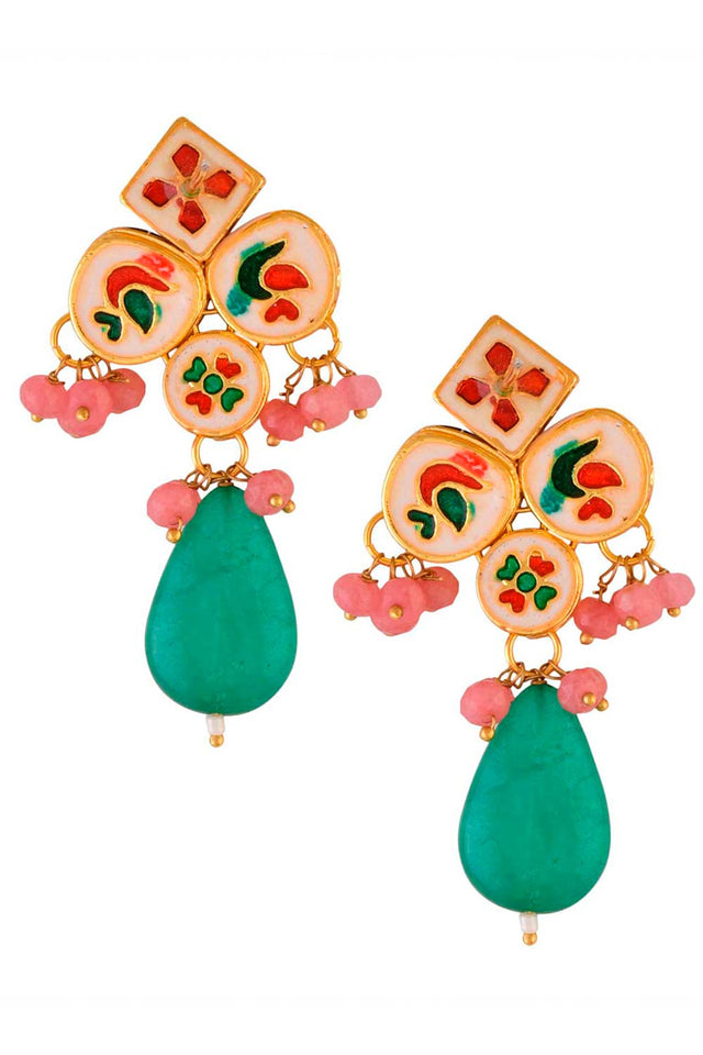 Green Pink Beaded Kundan Inspired Earrings (FEMNW008)