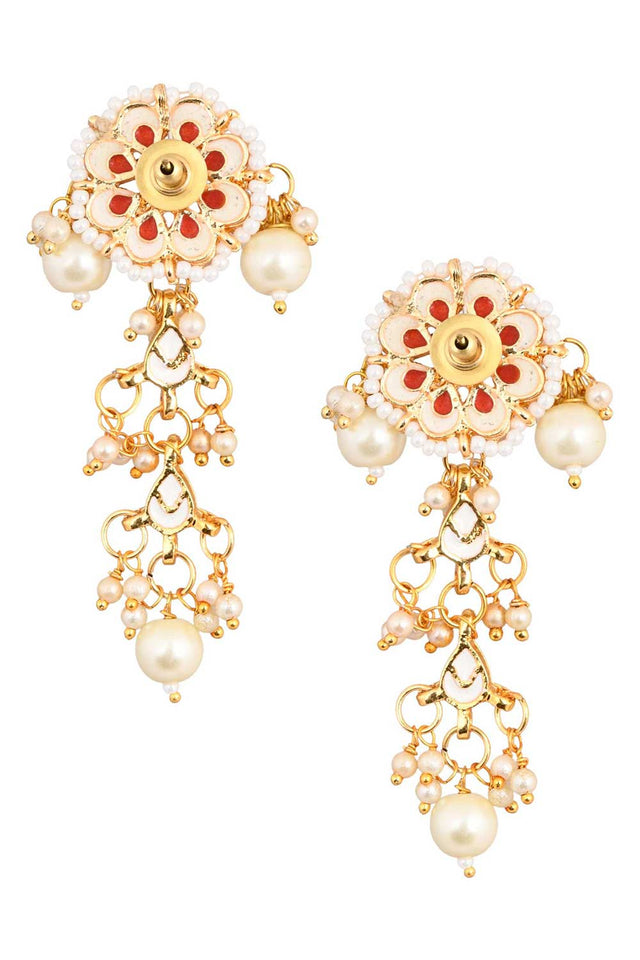Gold Tone Pearl Beaded Kundan Contemporary Earrings (FEMNW011)