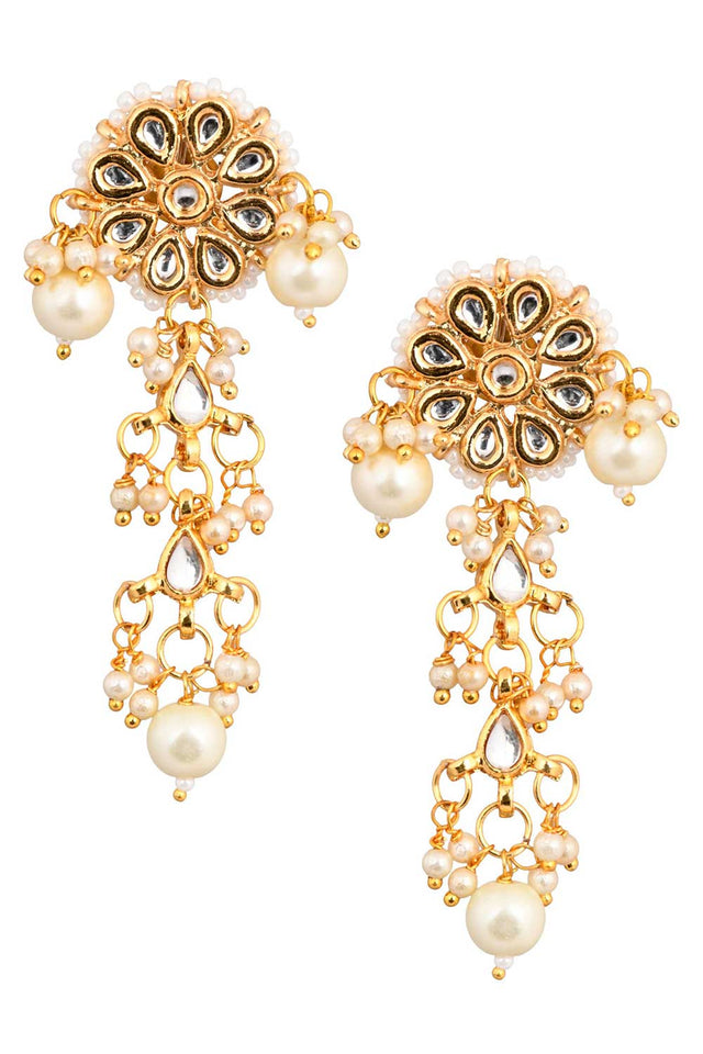 Gold Tone Pearl Beaded Kundan Contemporary Earrings (FEMNW011)
