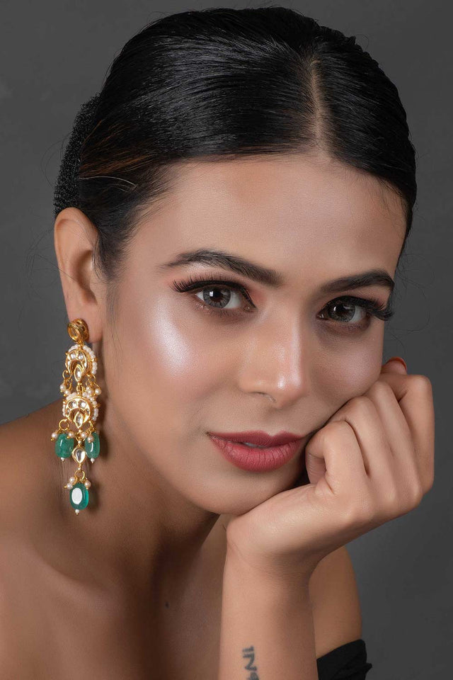 Emerald Beaded Kundan Contemporary Earrings (FEMNW013)