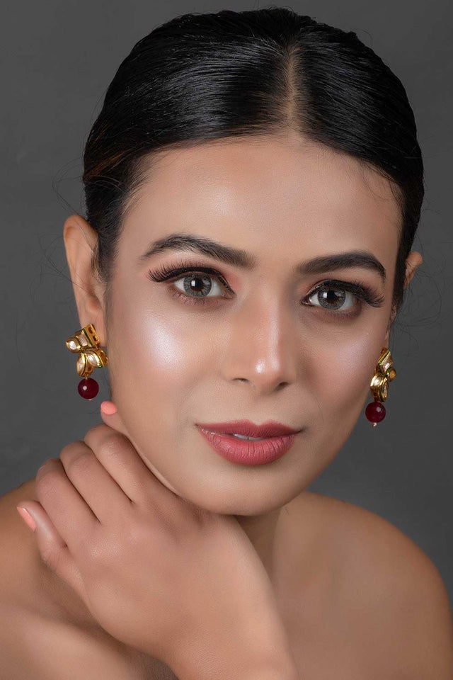 Classic Ruby Beaded Gold Tone Kundan Inspired Earrings (FEMNW016)