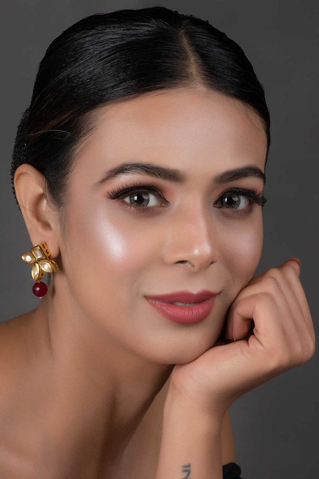 Classic Ruby Beaded Gold Tone Kundan Inspired Earrings (FEMNW016)