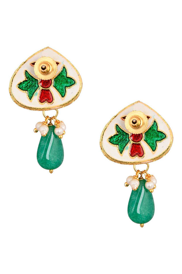 Gold Tone Emerald Beaded Kundan Contemporary Studs (FEMNW017)