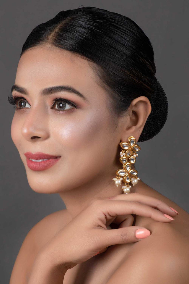 Gold Tone Pearl Beaded Kundan Earrings (FEMNW018)